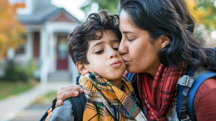 Fototapeta premium Mother giving her son a reassuring kiss before school, capturing the loving support that helps children face new challenges.