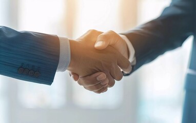 Businessmen shake hands together, a sign that a business deal has been reached