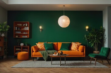 Obraz premium Inviting Living Room Warm Colored Furniture , couch and chair in a living room, bay window, apartment