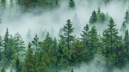 Seamless pattern. Misty forest scene with pine trees, suitable for tranquil nature wallpapers or soothing backgrounds.