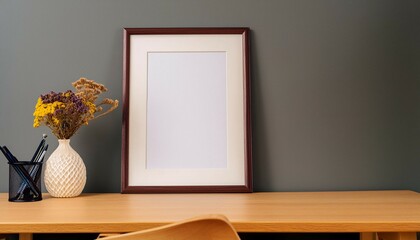 Blank vertical picture frame mockup hanging on a plain wall with wooden desk table and flower vase - Powered by Adobe