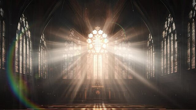 sunlight falling through the window inside the church. Loop animation. music background	