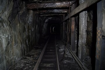 A network of abandoned mine tunnels, their dark passages stretching deep into the earth, now haunted by echoes of the past, Generative AI