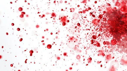 Abstract red liquid with flying red cell particles on a white background.