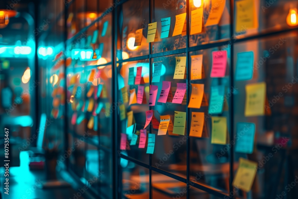 Poster dynamic agile workflow with colorful sticky notes. close-up view of a glass wall covered in colorful
