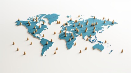 A 3D world map in blue with white borders, highlighted by orange traffic cones marking points