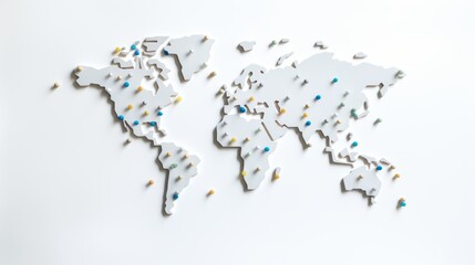 a creative white world map adorned with colorful pin global travel on a plain background.