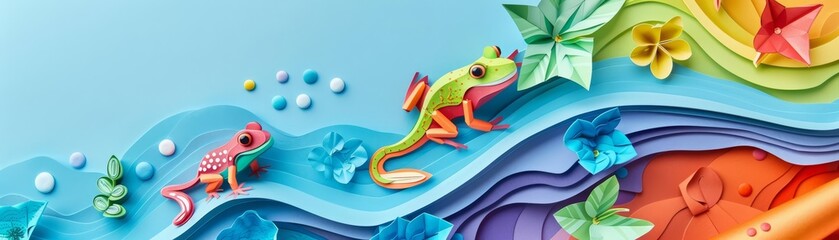 Creative paper art of amphibians in solid color, presenting a vibrant ecosystem, banner template sharpen with copy space