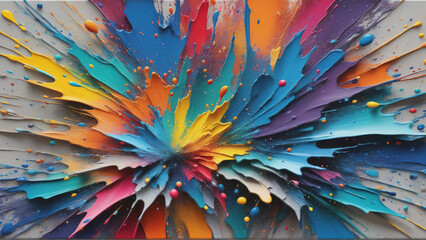 A painting of a colorful explosion with splatters of paint on a gray background. The colors are vibrant and bold, with shades of blue, green, red, and yellow ULTRA HD 8K