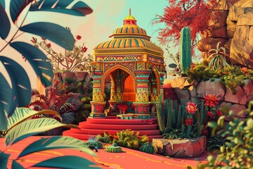 Design a digital artwork showcasing a whimsical oasis scene with a tiny shrine, combining vibrant red Indian patterns in a photorealistic style