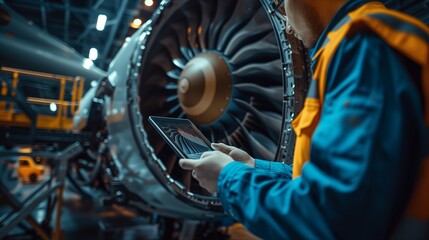 Technician Analyzing Jet Engine Data on Tablet. Technician in blue coveralls uses a digital tablet to analyze data while inspecting a jet engine in an aircraft maintenance hangar.