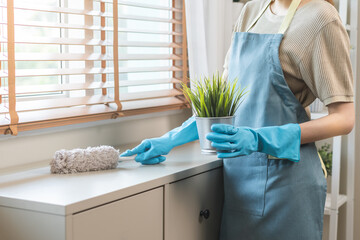 Happy housewife asian young woman worker with apron and rubber gloves at home, cleaning interior...