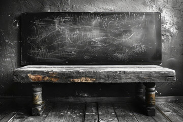 A large blackboard with a dark gray and blue texture on the wall, a wooden floor in front of it, a studio background. Created with Ai 