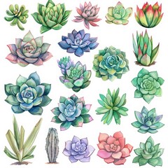 Cute watercolor plant, featuring a collection of vibrant succulents in kawaii styles, clipart watercolor easy detail on white background
