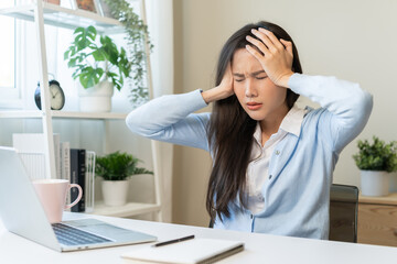 Stressed, exhausted asian young woman, girl pain from vertigo, having migraine symptoms headache,...