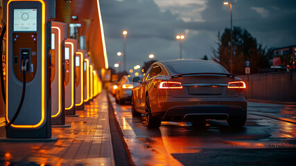 Electric Cars at Dusk in Charging Station Row. Electric vehicles line up at charging stations with glowing lights during twilight, showcasing modern transportation.