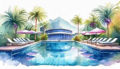 swimming pool resort watercolor clipart isolated on white background