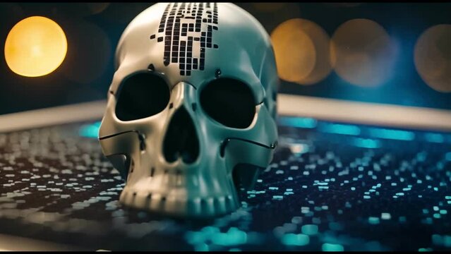 Scull. Skull on the keyboard. Internet security system. Generated AI