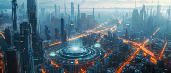 Futuristic concept of technology transformed into a hologram device floating over a bustling cityscape, rendered in hitech styles, sharpen Cinematic Look