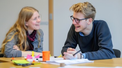 Young students collaborating with joy in a classroom, great for educational themes, teamwork, and youth engagement.