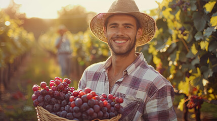 Fototapeta premium Smiling man wearing a straw hat holding a basket of grapes in vineyard
