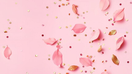 Seamless pattern. Pink background with glittery leaves and golden confetti, ideal for festive and celebration themes.