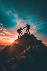 Help and Assistance, Silhouettes of two people climbing on mountain