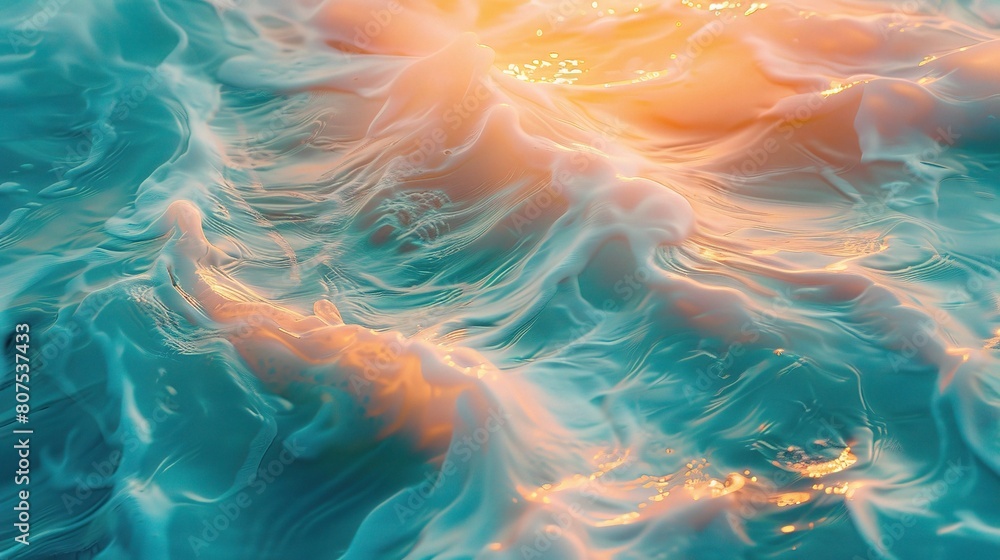 Poster an abstract ocean background featuring swirling patterns of teal and turquoise waves, with hints of 
