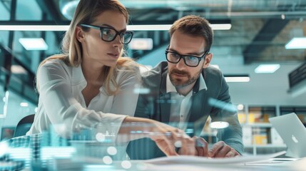 Intense workplace photo showing two professionals collaborating over a futuristic, transparent display.