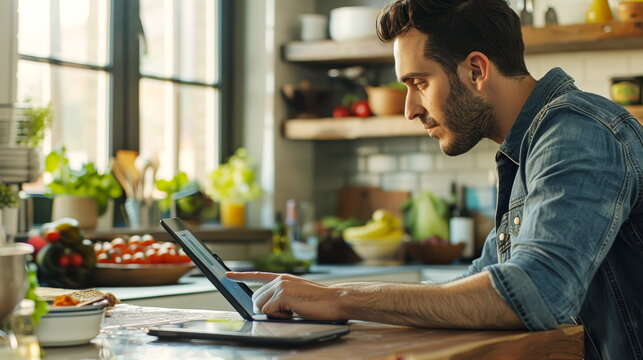 Focused man using tablet in kitchen, ideal for home cooking and