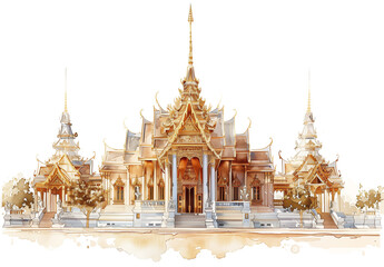 Illustration watercolor painting, A beautiful temple, famous place in Bangkok Thailand, Generative AI