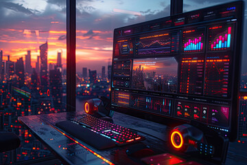  A hightech office with large windows overlooking the city skyline at sunset, where digital graphs and charts fill computer screens displaying realtime market data. Created with Ai