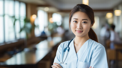 Asian Nurse. A professional Asian nurse smiling confidently, wearing a stethoscope and a scrub, in a bright hospital corridor.