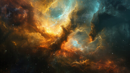 Obraz premium Abstract background of swirling nebulae and stars with two vibrant cosmic clouds colliding in a spectacular display of light and color