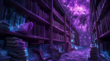 A purple and blue library filled with books