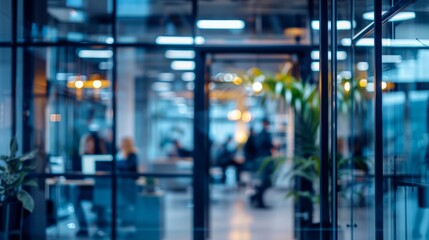 People working on computer pc behind glass wall, it specialists and programmers working in open space modern office Background