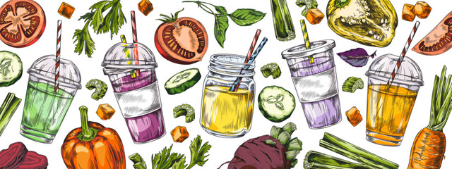 Vibrant vegetable smoothies and produce vector set