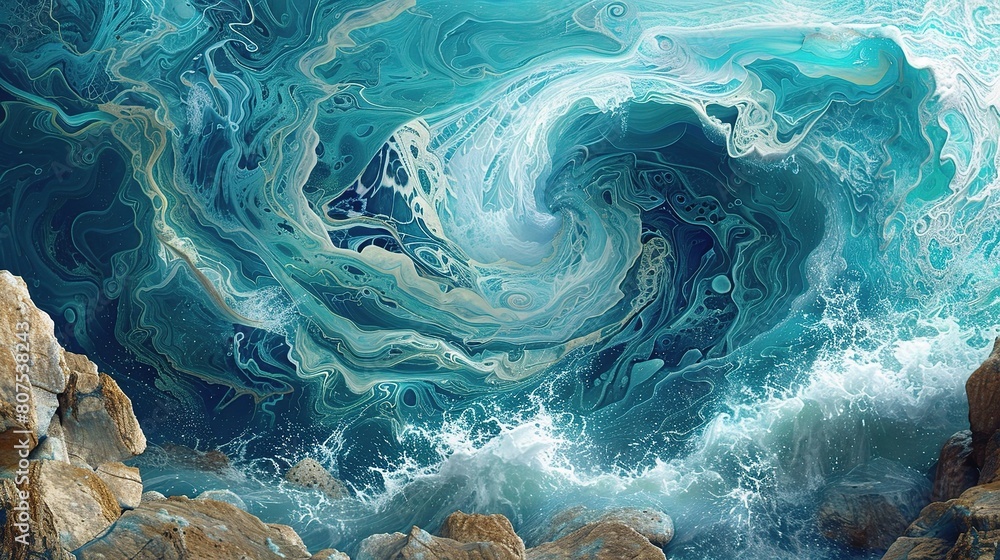 Aufkleber an abstract ocean background with swirling patterns of turquoise and teal waves, interspersed with h