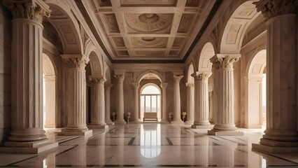 Ancient Greek architecture with symmetrical pillars and a classical marble interior
