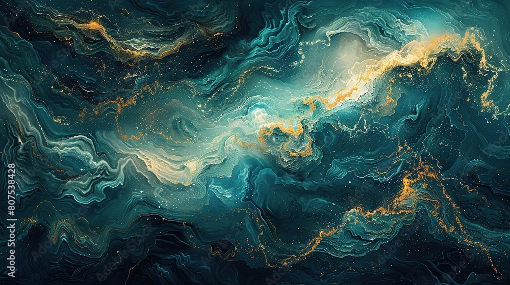 Aufkleber an abstract ocean background with swirling patterns of turquoise and teal waves, interspersed with h