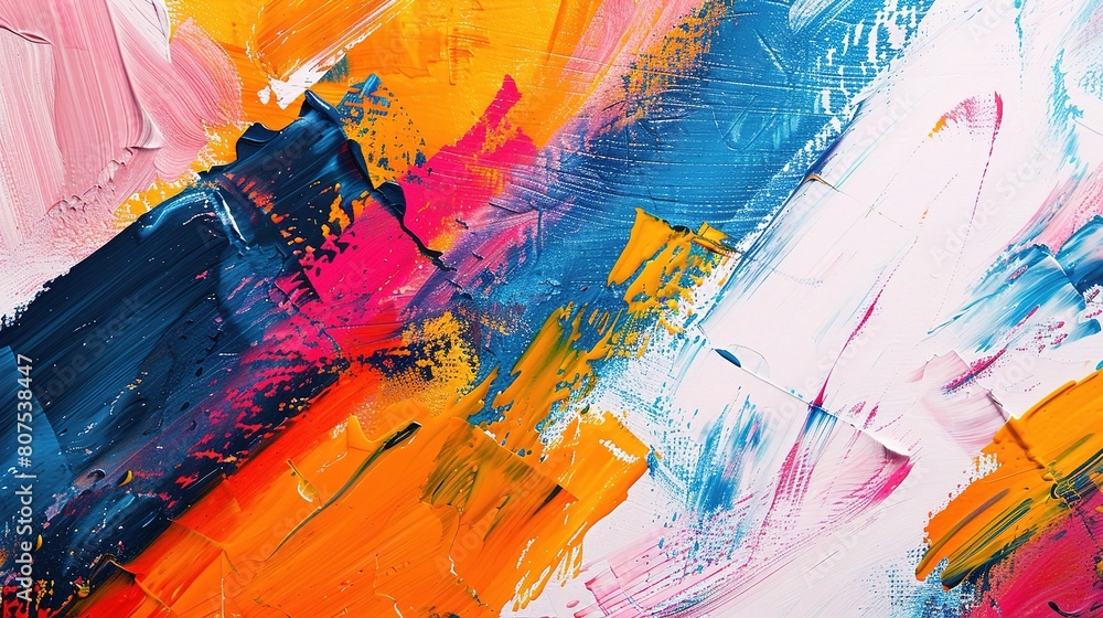 Poster an abstract painting with bold brushstrokes and vibrant splashes of color, ideal for adding a burst 