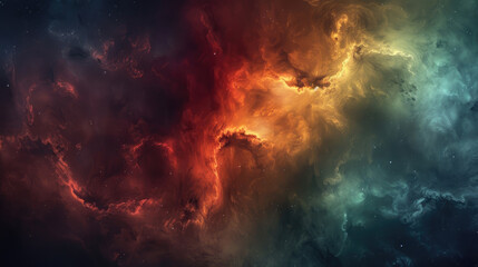 Fototapeta premium Abstract background of swirling nebulae and stars with two vibrant cosmic clouds colliding in a spectacular display of light and color