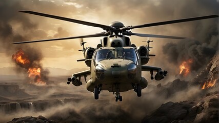 A military helicopter, its powerful rotors creating a deafening roar as it flies over a war-torn landscape. The pilot's intense focus is evident as they navigate through enemy fire, determined to comp - Powered by Adobe