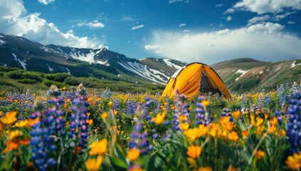 A tent pitched in a meadow, surrounded by a sea of colorful flowers.