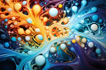 Dynamic fluid art technique to simulate bacterial movement, swirling colors blending on canvas, vibrant and eyecatching - obrazy, fototapety, plakaty