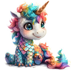 A plush toy baby unicorn with a rainbow mane and tail is sitting on the ground. Its pink wool eyelashes and cute design make it a charming and entertaining doll