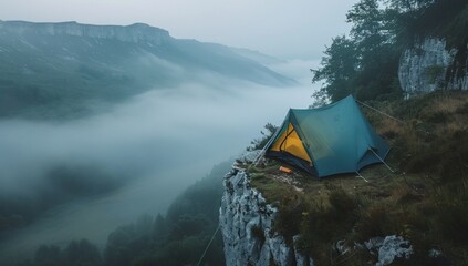 A tent pitched on a cliff edge, overlooking a misty valley below.