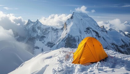 A tent pitched on a snowy mountaintop, a lone adventurer's shelter.