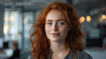 Smiling 25 year old redhead in a tech office lifestyle capture