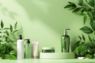 3D product display background of organic skincare products, promoting ecofriendly beauty solutions in minimal styles, banner template sharpen with copy space